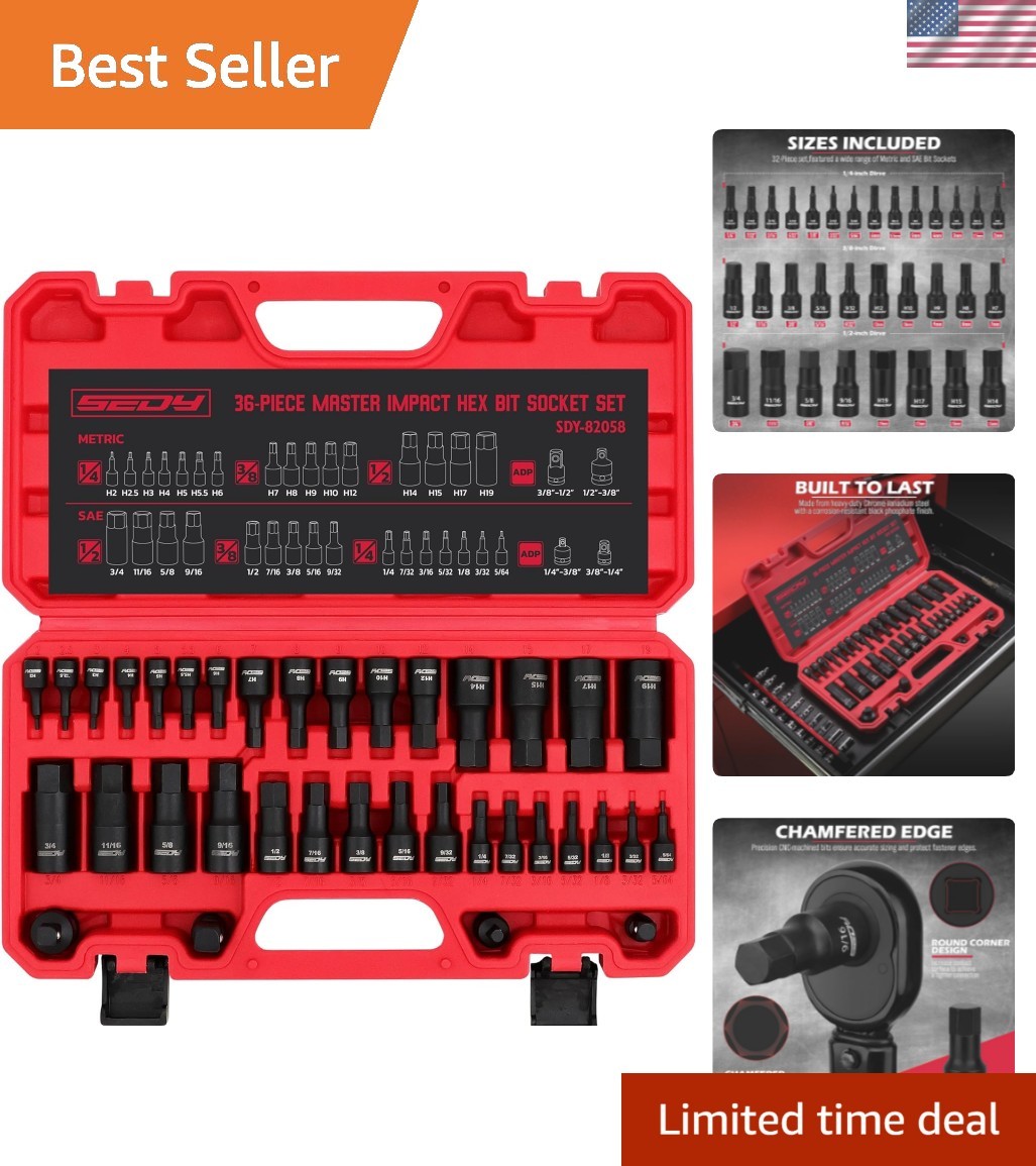 Versatile 36-Piece Hex Socket Set with 4 Adapters – Heavy Duty Storage Included