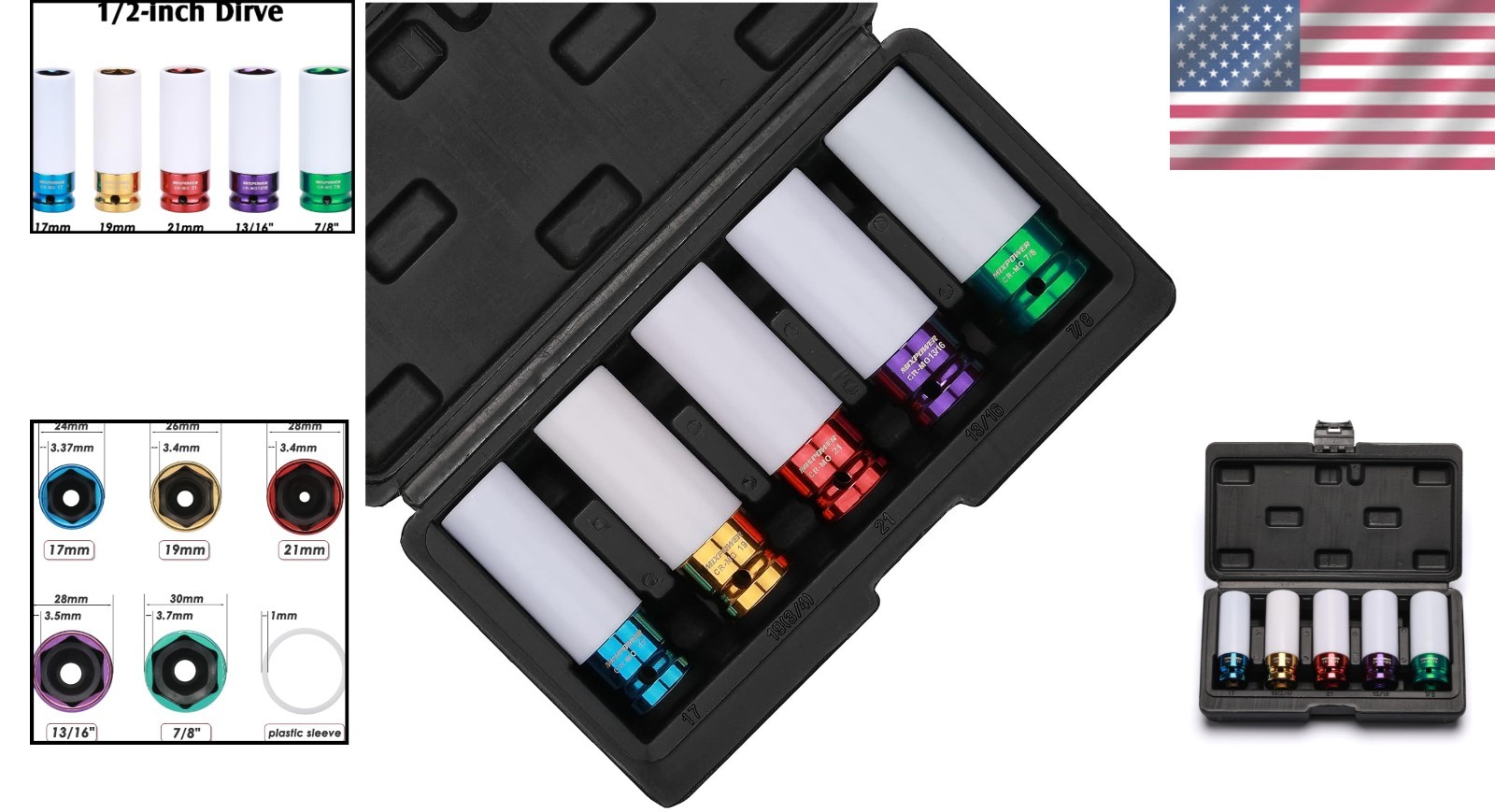 Lightweight 5-Piece CR-MO Impact Socket Set with Laser Marked Sizes for Easy Use
