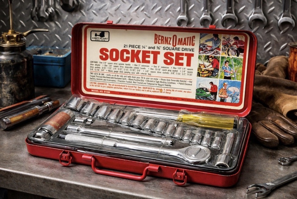 Vintage BernzOmatic S1438 21pc Socket Set 1/4” & 3/8” Drive Red Metal Case