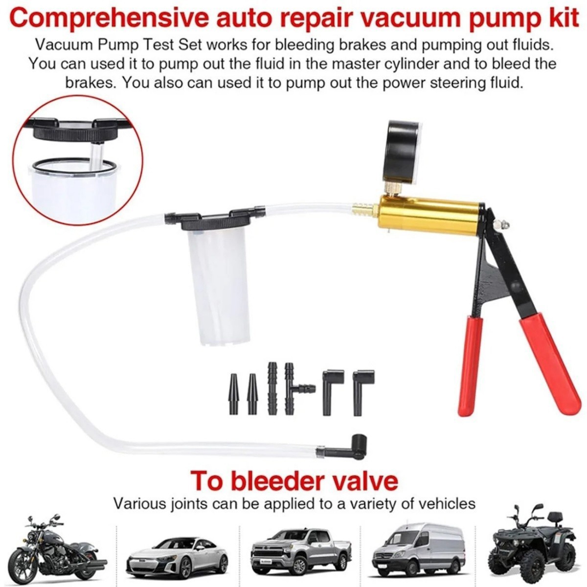 Manual Brake Bleeder Vacuum Pump Kit Automotive Fluid Tester With Gauge Adapters