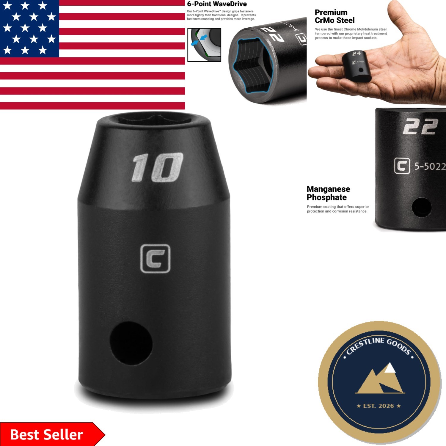 10 mm 6-Point Impact Socket, 1/2-Inch Drive, Manganese Phosphate Coating