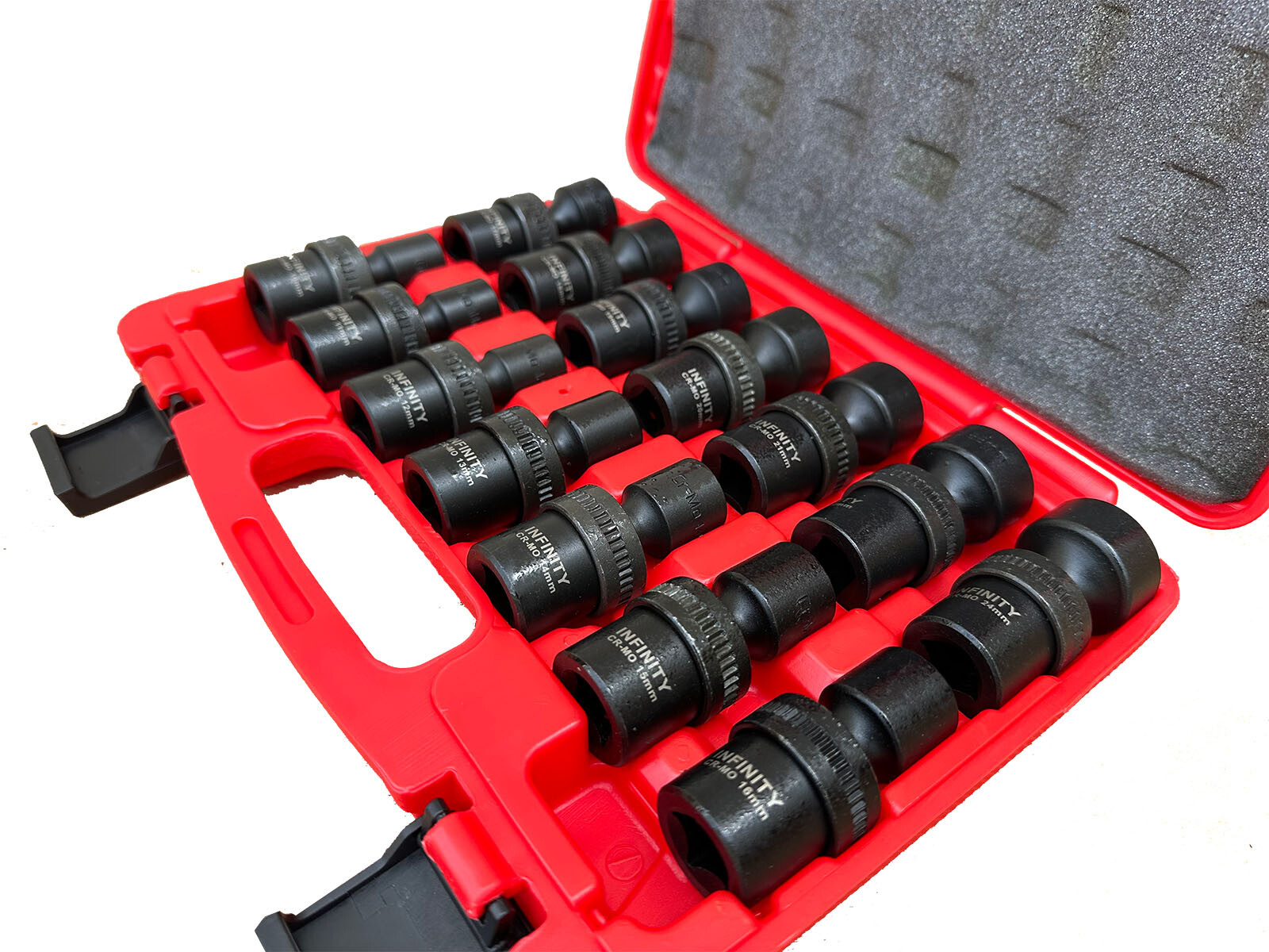 1 /2″ Dr. 14pc 10-24mm 6pts Cr-MO Swivel Shallow Universal Impact Socket Set