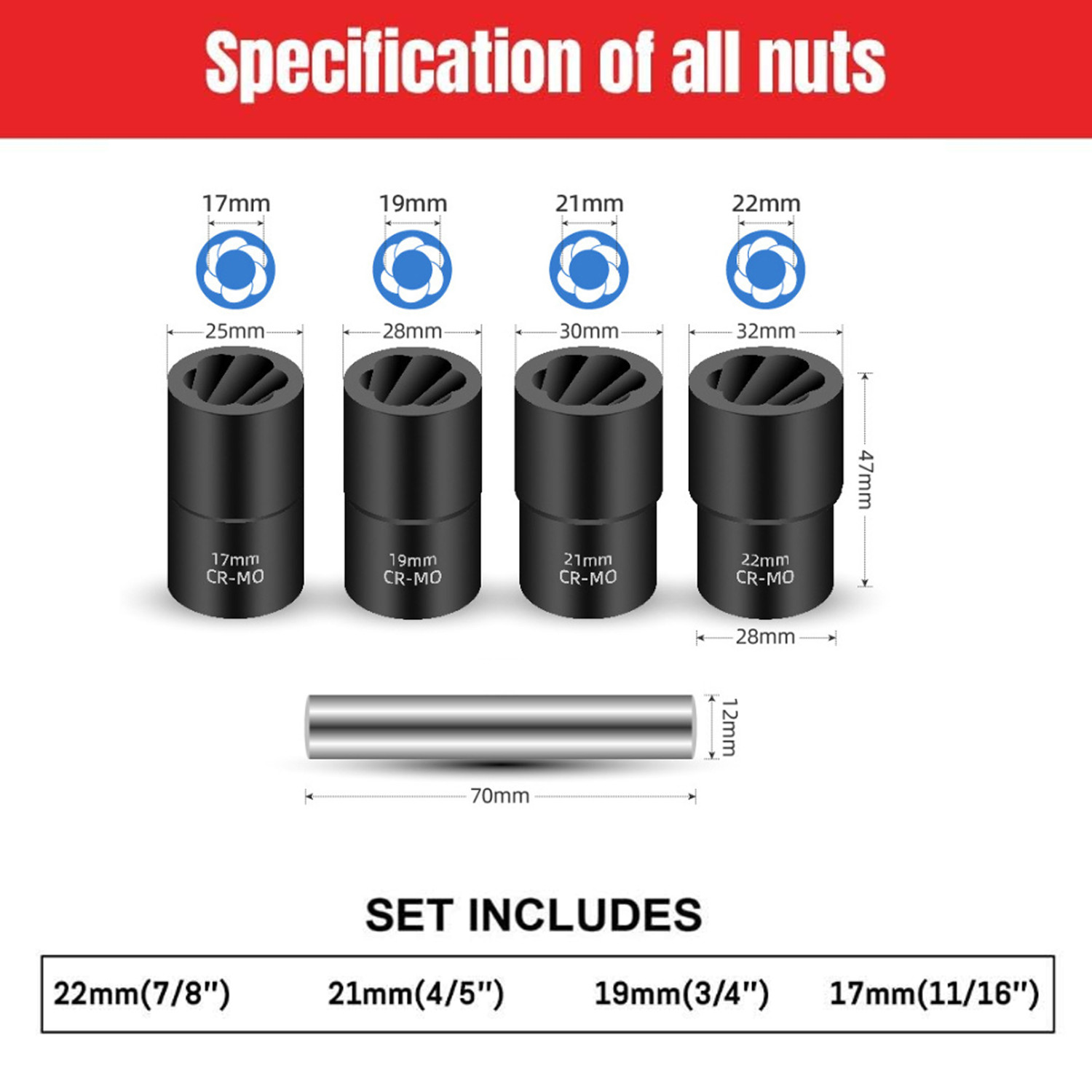 5Pcs Twist Socket 1/2” Drive For Wheel Lug Nut Damaged Removal and Extractor