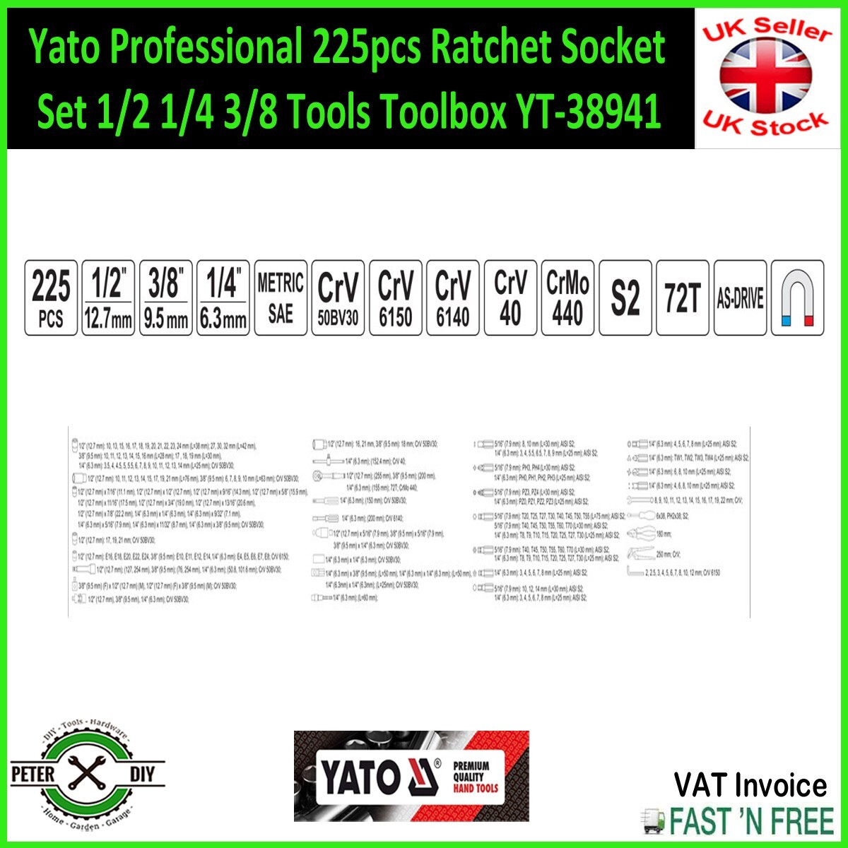 225pcs Ratchet Socket Set 1/2 1/4 3/8 Tools Toolbox YT-38941 Professional YATO