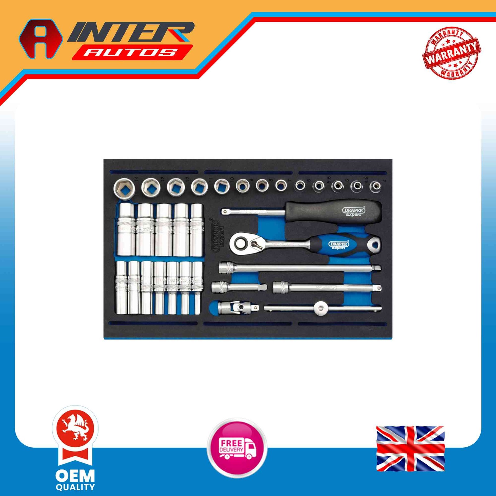 Draper Expert Socket Set in 1-4 Drawer EVA Insert Tray, 1-4″(32 Piece) 63532 635