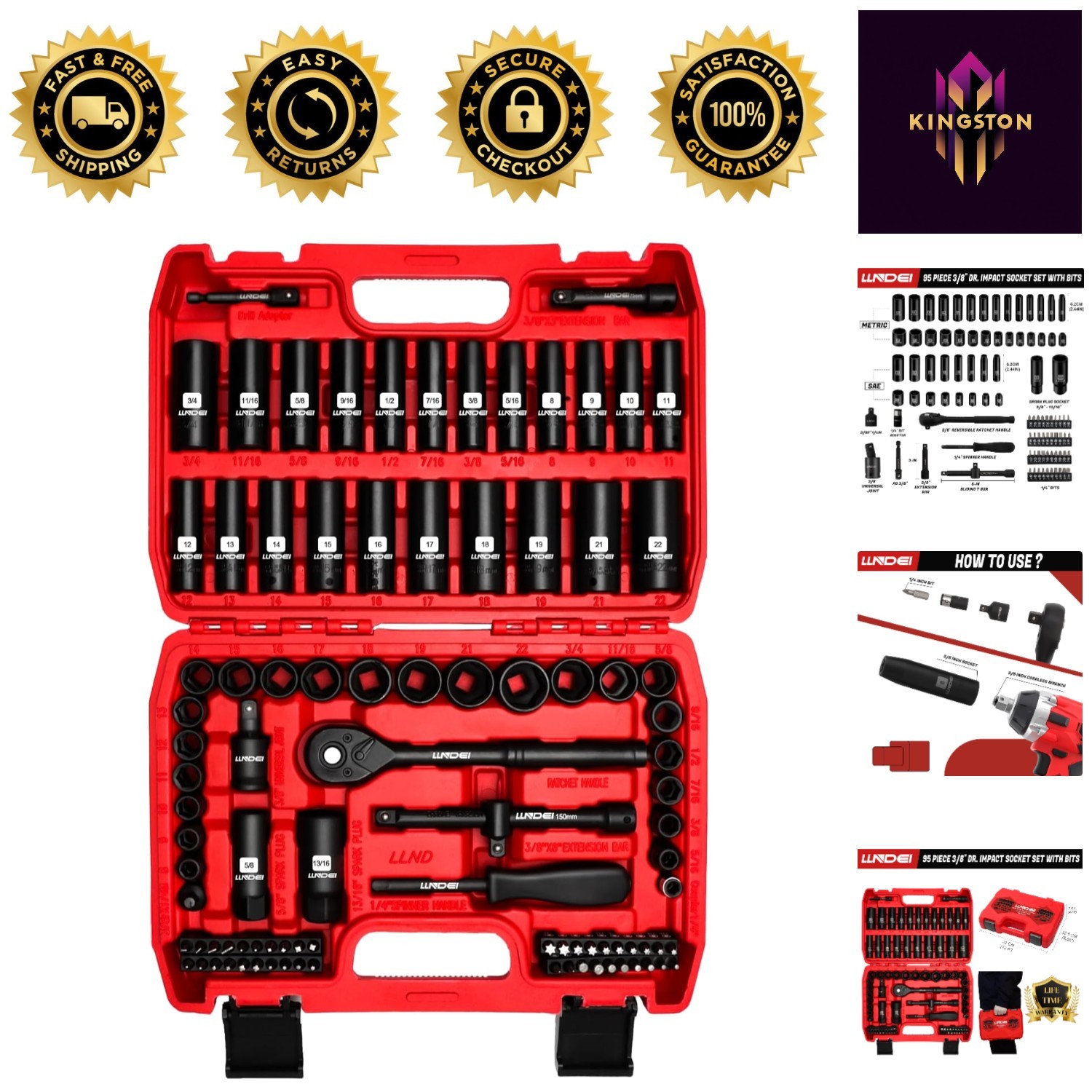 95-Piece Impact Socket Set, CR-V Steel, 3/8” Drive – Complete Auto Repair Kit