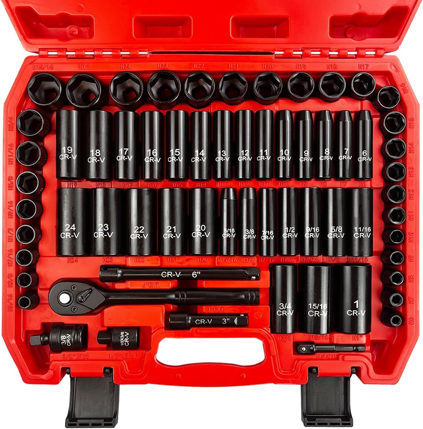 64pcs 3/8″ Socket Set,Drive Impact Socket Set, SAE/Metric, Deep Cr-V Steel, 6 Po