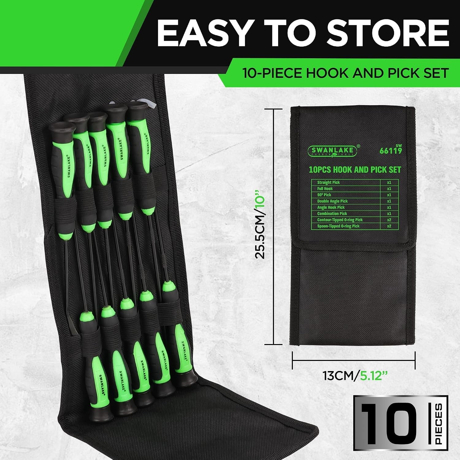 Hook and Pick Set, 10 Piece, CR-V Steel, Rubber Handle, Automotive Tools