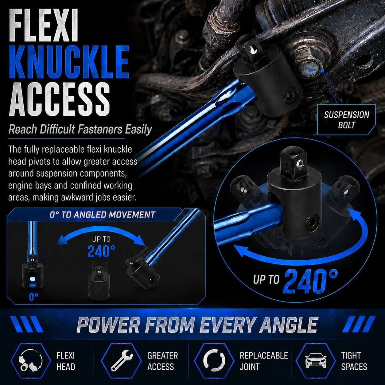Autojack 24″ Breaker Bar 1/2″ Socket Sq Dr Power Flexi Knuckle Blue Chrome 600mm