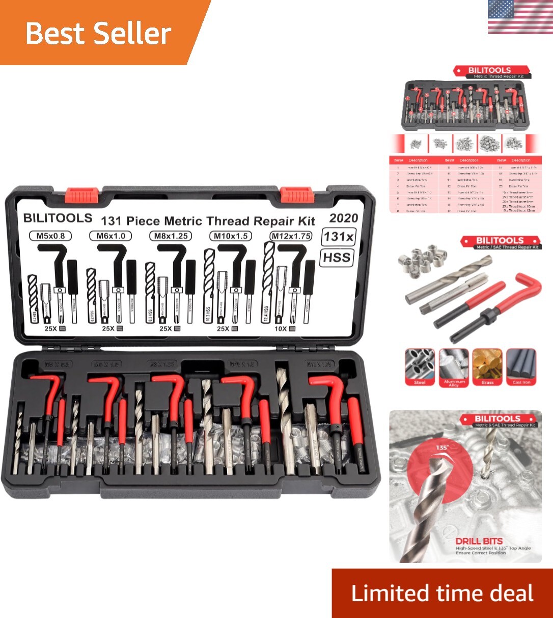 Durable HSS 131-Piece Thread Repair Kit with 304 Stainless Inserts for Metal
