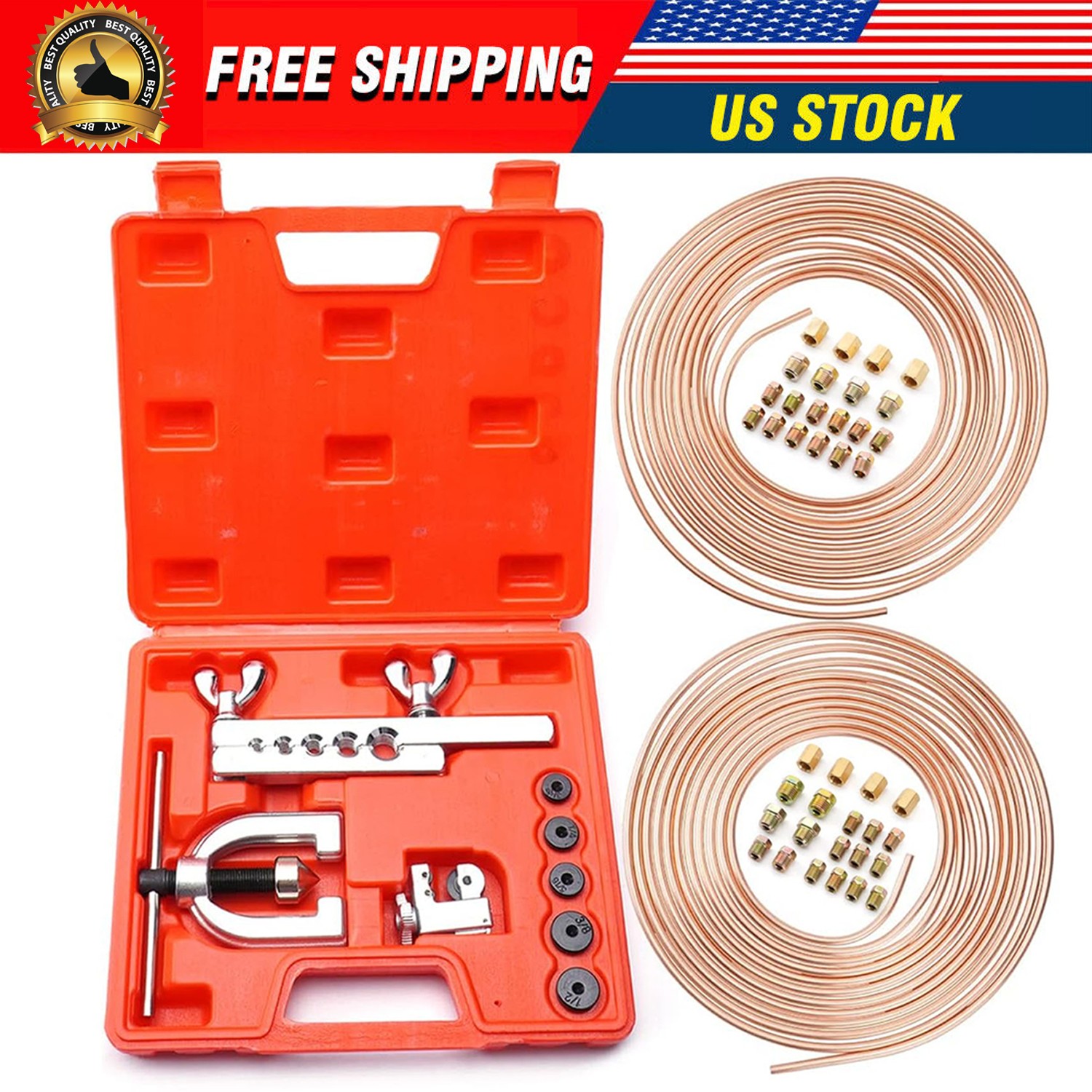 25ft 3/16 + 1/4 Copper Coated Brake Line Double Single Flaring Fittings Tools