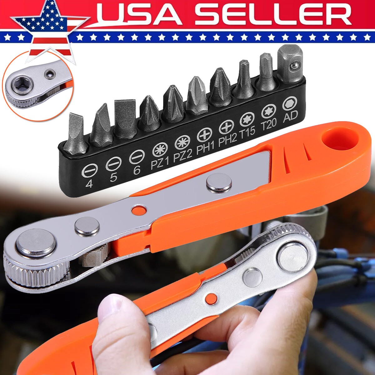Ratcheting Right Angle Screwdriver Hex Drive 90 Degree Offset with 10pc Bits Set