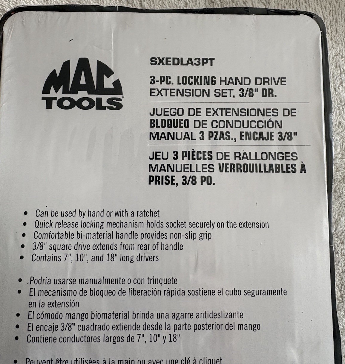 Mac Tools 3 Pc. 3/8” Drive Locking Hand Drive Extension Set w/Plastic Tray