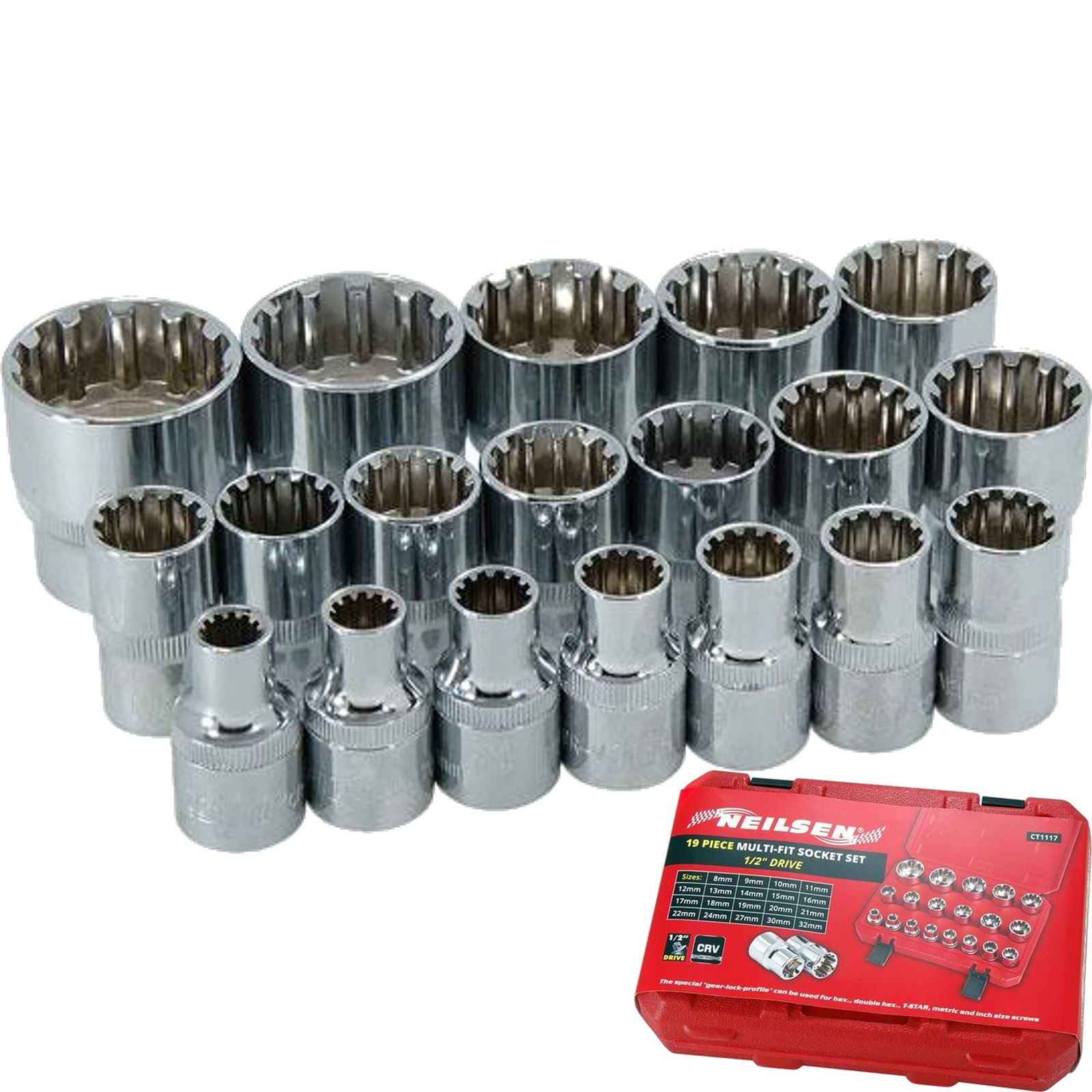 Neilsen Metric Multi Drive Sockets 8mm – 32mm Socket Set In Bmc 19pc 1/2″