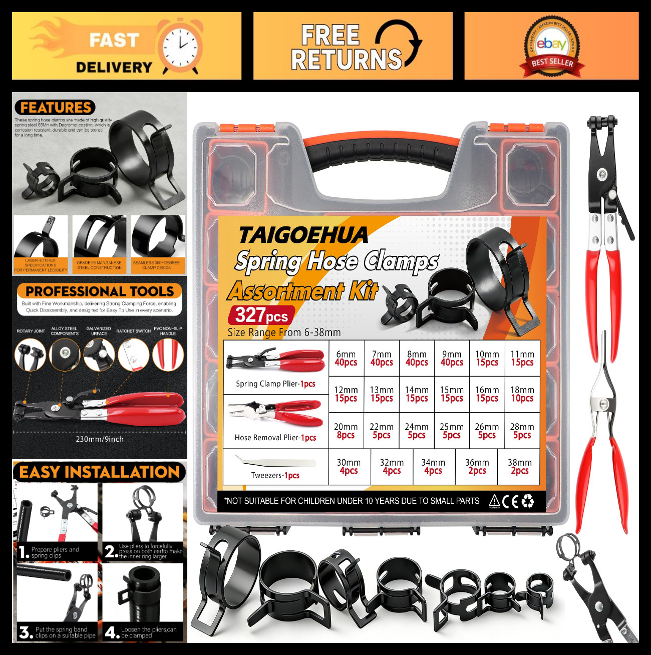 327-Pcs Spring Clamp Kit with Swivel Jaw Pliers & Tweezers – 23 Sizes for Fuel,