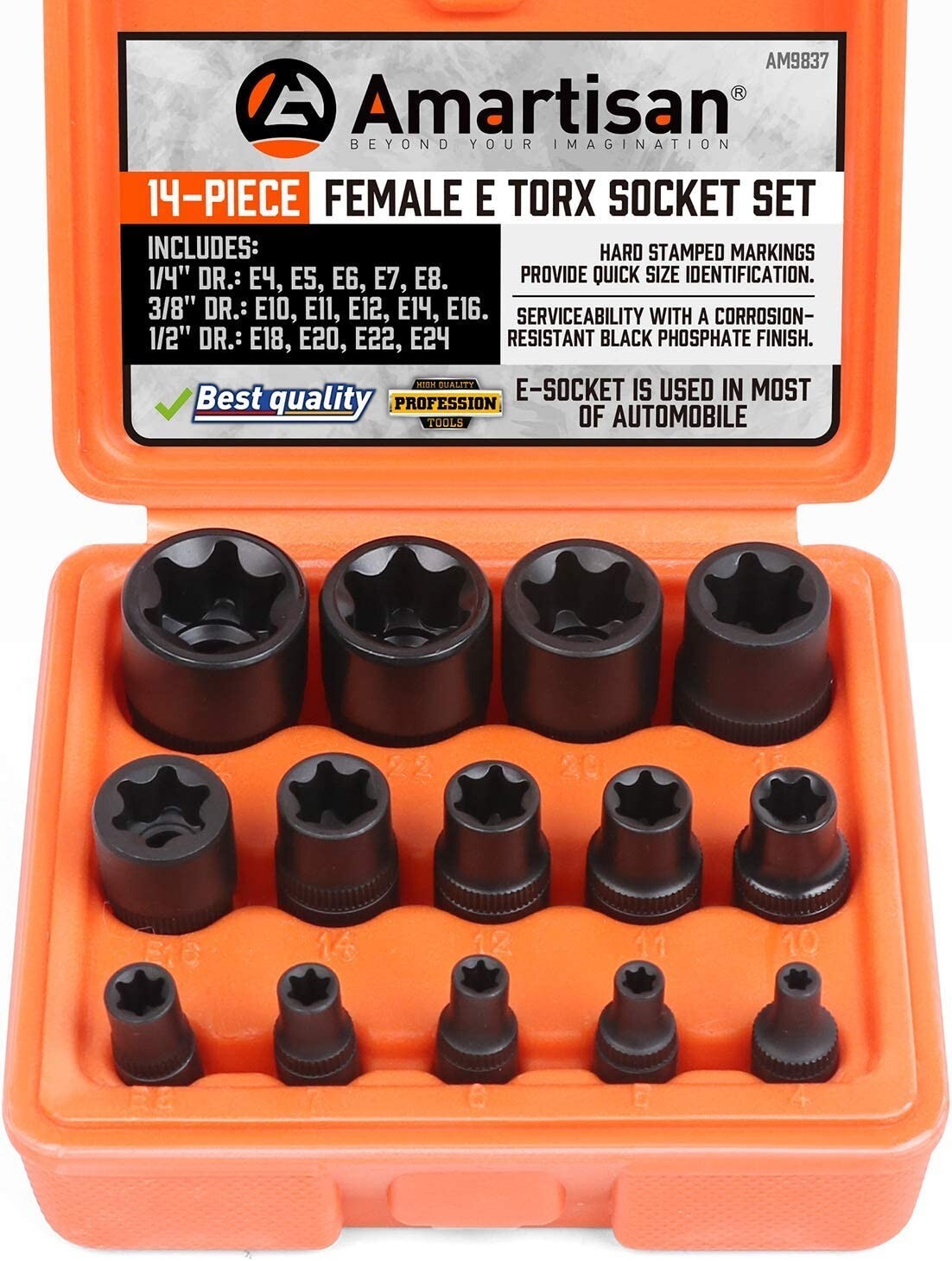 Star Socket Set Female E-Torx Chrome Vanadium Steel Torque External 14 Pieces