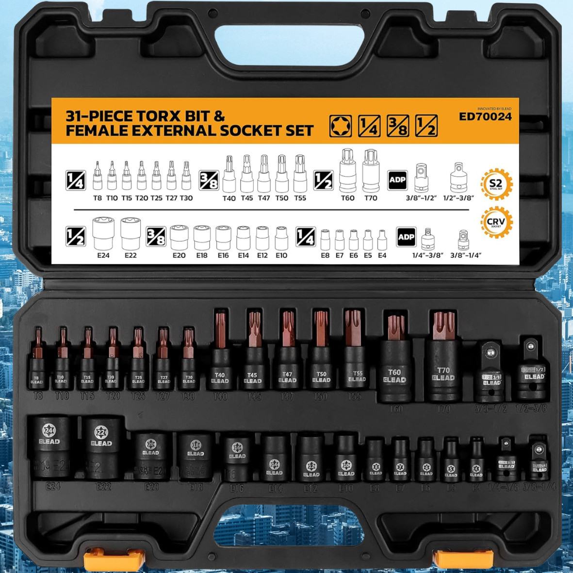 32PC Torx Bit Socket Set T8-T70 & E-Torx E4-E24 Work Glove S2 Alloy Steel Star