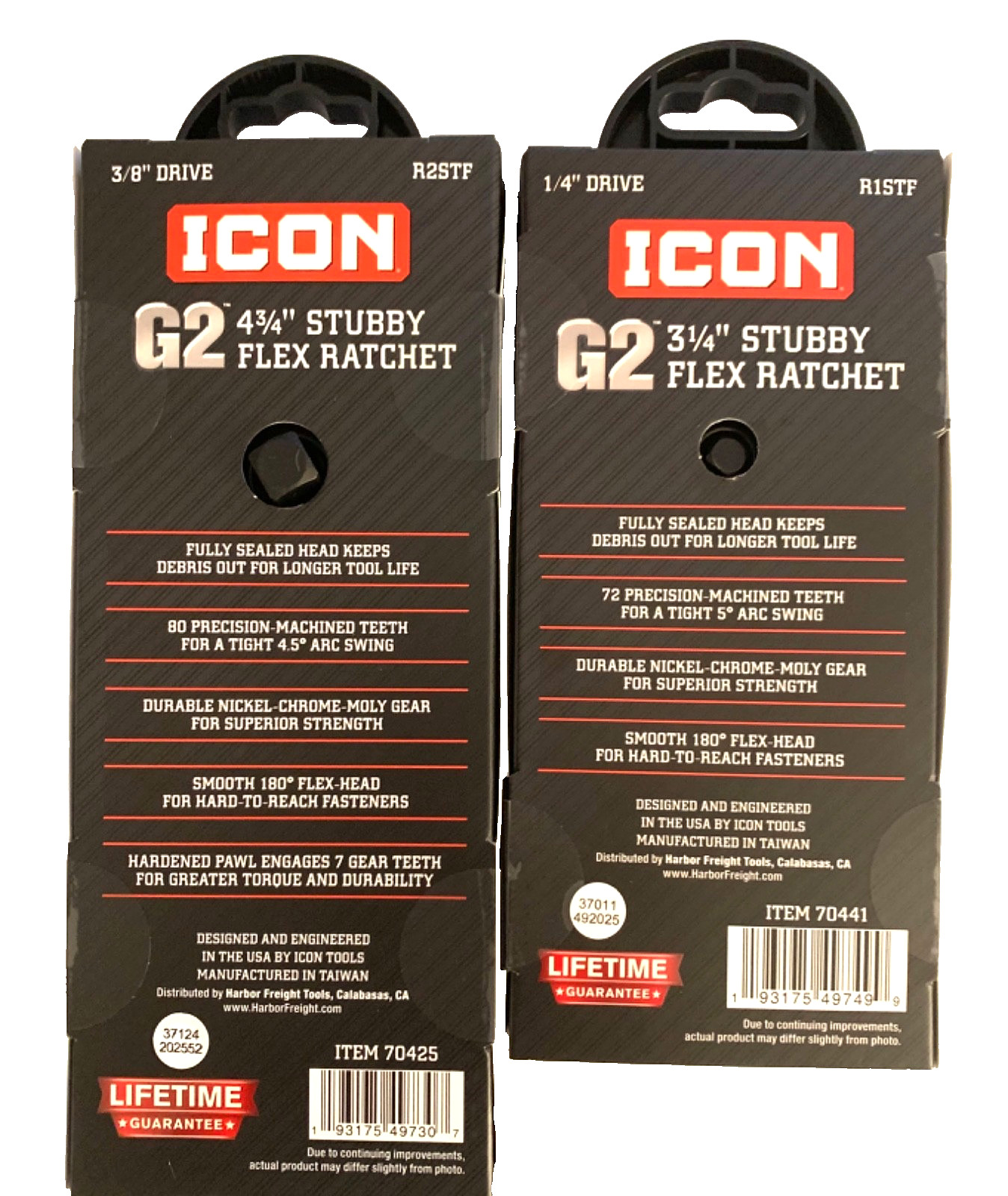 ICON (LOT OF 2) G2 3/8” & 1/4” Dr. (70425-70441) Stubby Flex Ratchets, FREE S&H