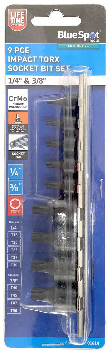 Blue Spot 01614 9 Pce 1/4»D & 3/8»D Impact Torx Bit Socket T15 – T50 Set MD1