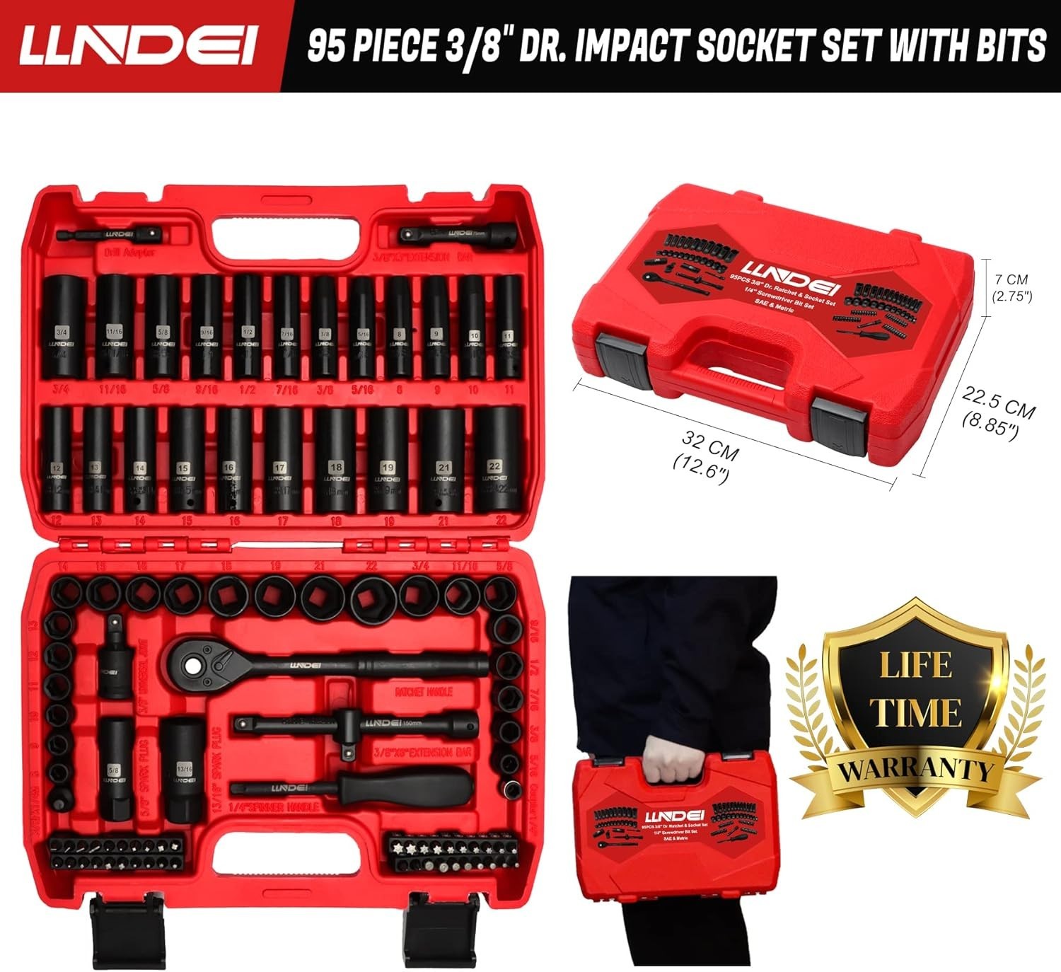 Impact Socket Set 95 Pieces SAE Metric Deep Shallow CR-V Steel Ratchet Drive