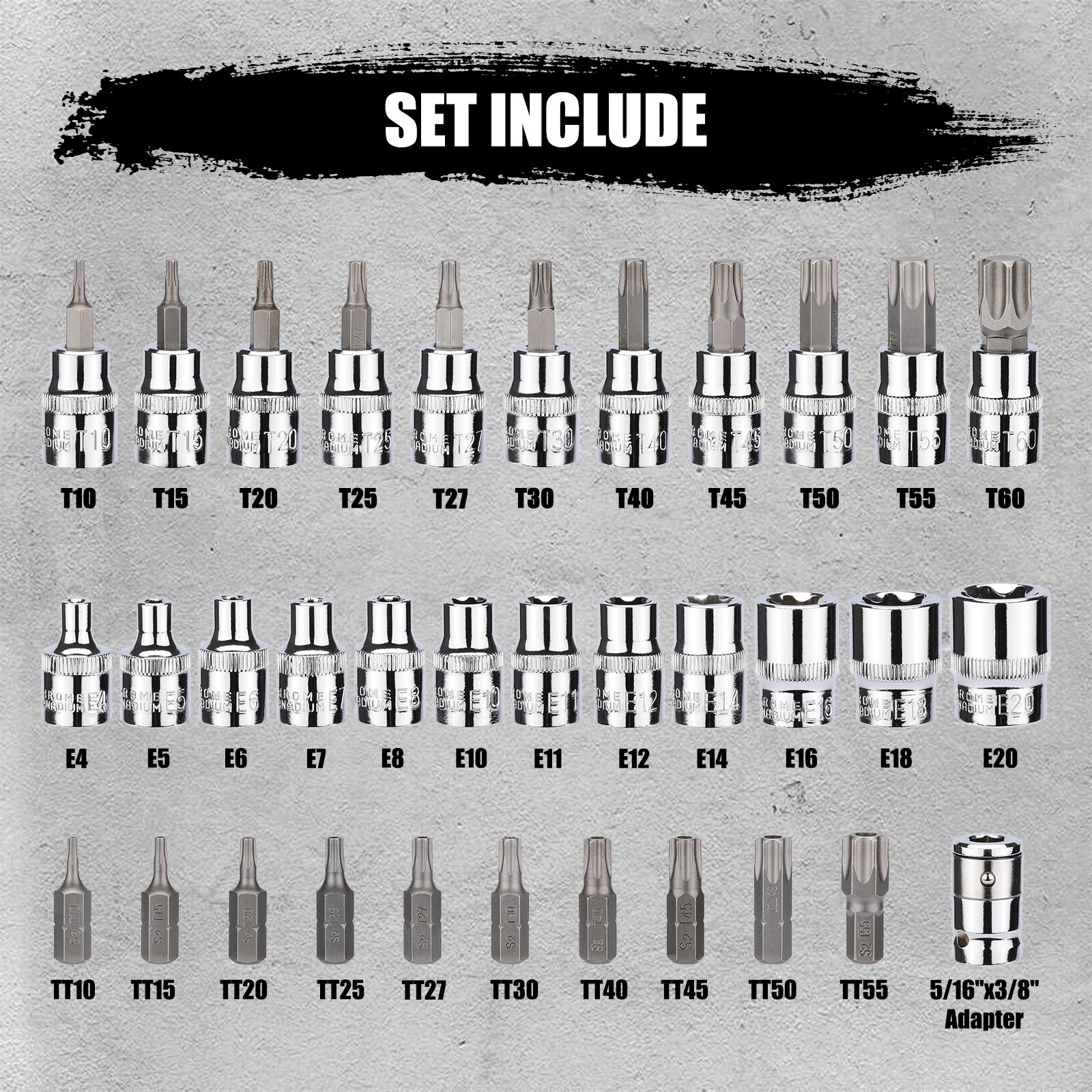 34PCS 3/8″Drive Torx Star Sockets & Bit Set Female External E-Torx Security Bits