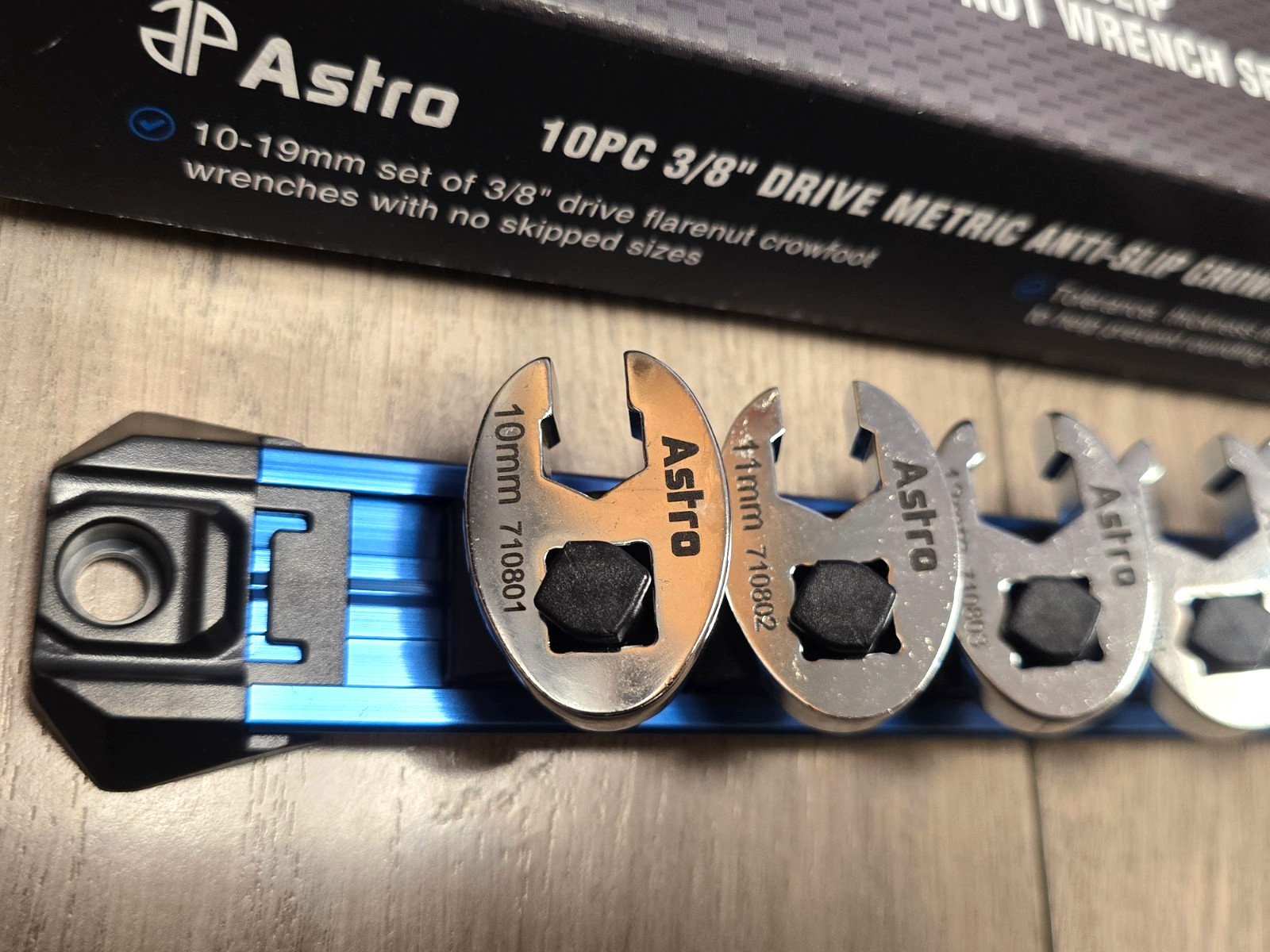 Astro Tools 7108, 10pc Anti-Slip 3/8dr Flare Nut Crowfoot Wrench Set 10-19MM