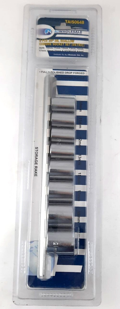 9 Piece Metric 3/8″ DR. Shallow Chrome Socket Set with Metal Storage Rail Holder