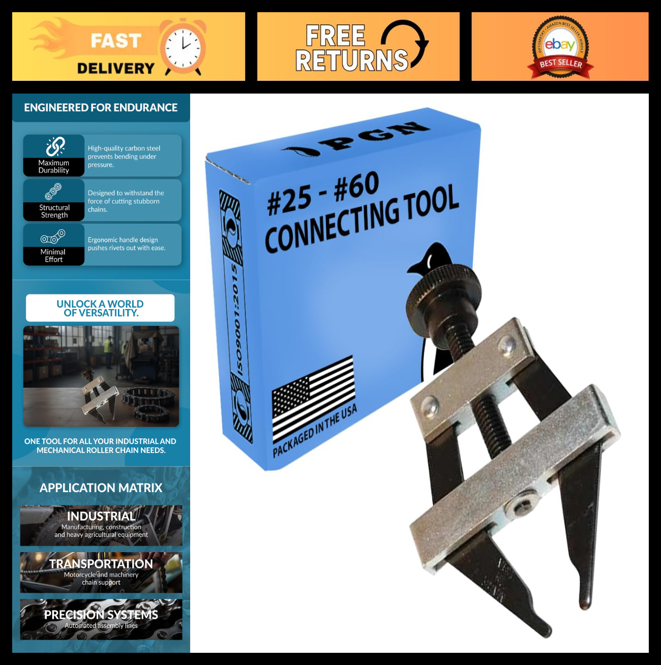 Roller Chain Connecting Puller Holder Tool for Sizes 25, 35, 40, 41, 50, 60 – He
