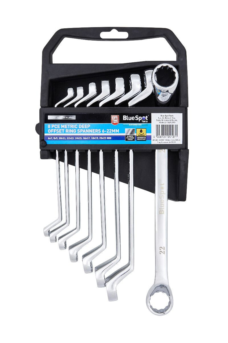 Blue Spot 8 Pce METRIC Deep Offset Ring Spanner Set 6mm-22mm In Storage Rack
