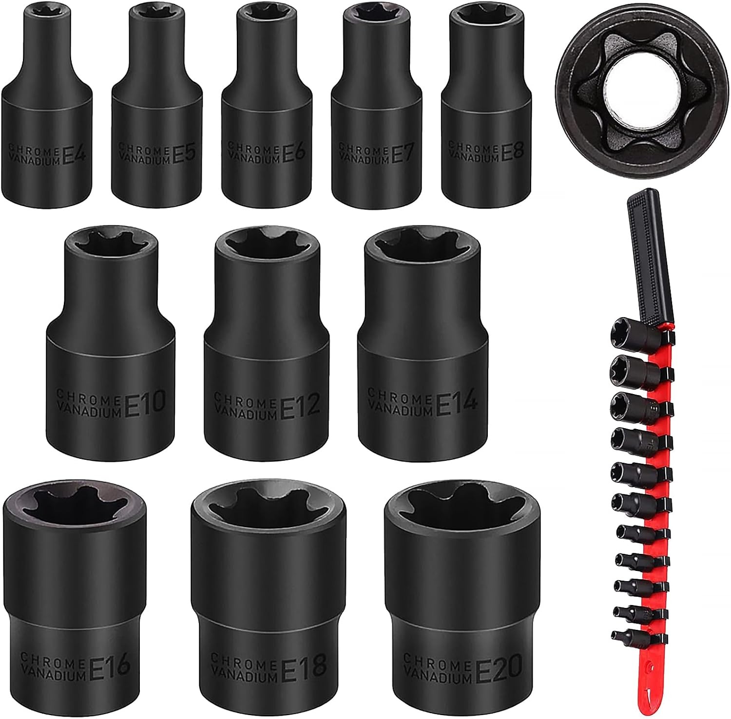 SEDY 11-Piece E-Torx Socket Set E4 E5 E6 E7 E8 E10 E12 E14 E16 E18 E20, Black
