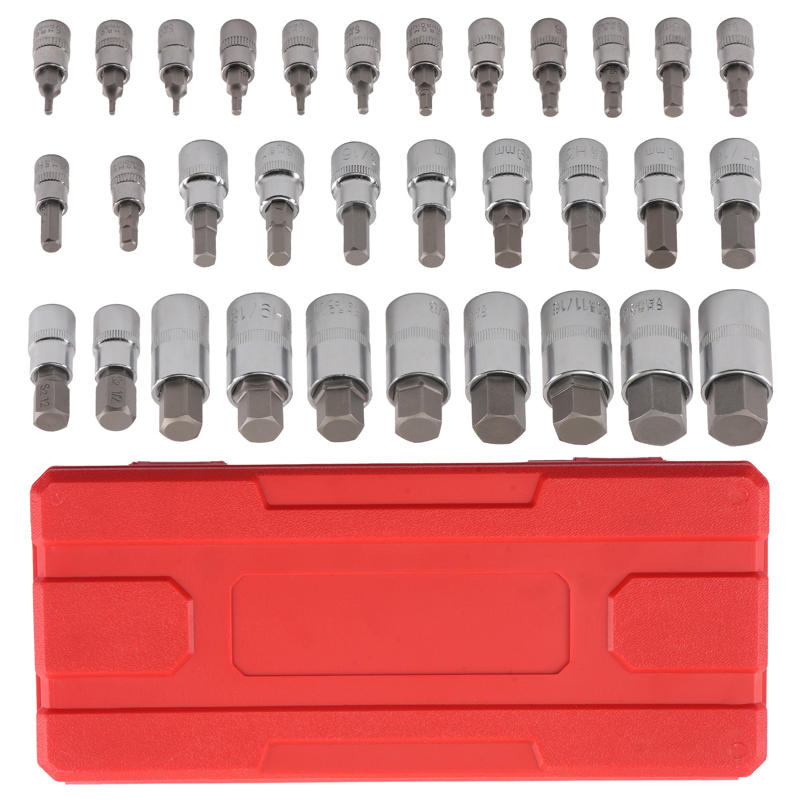 32pc Hex Bit Socket Set S2 Steel 1/4 3/8 1/2 in Drive Metric Imperial