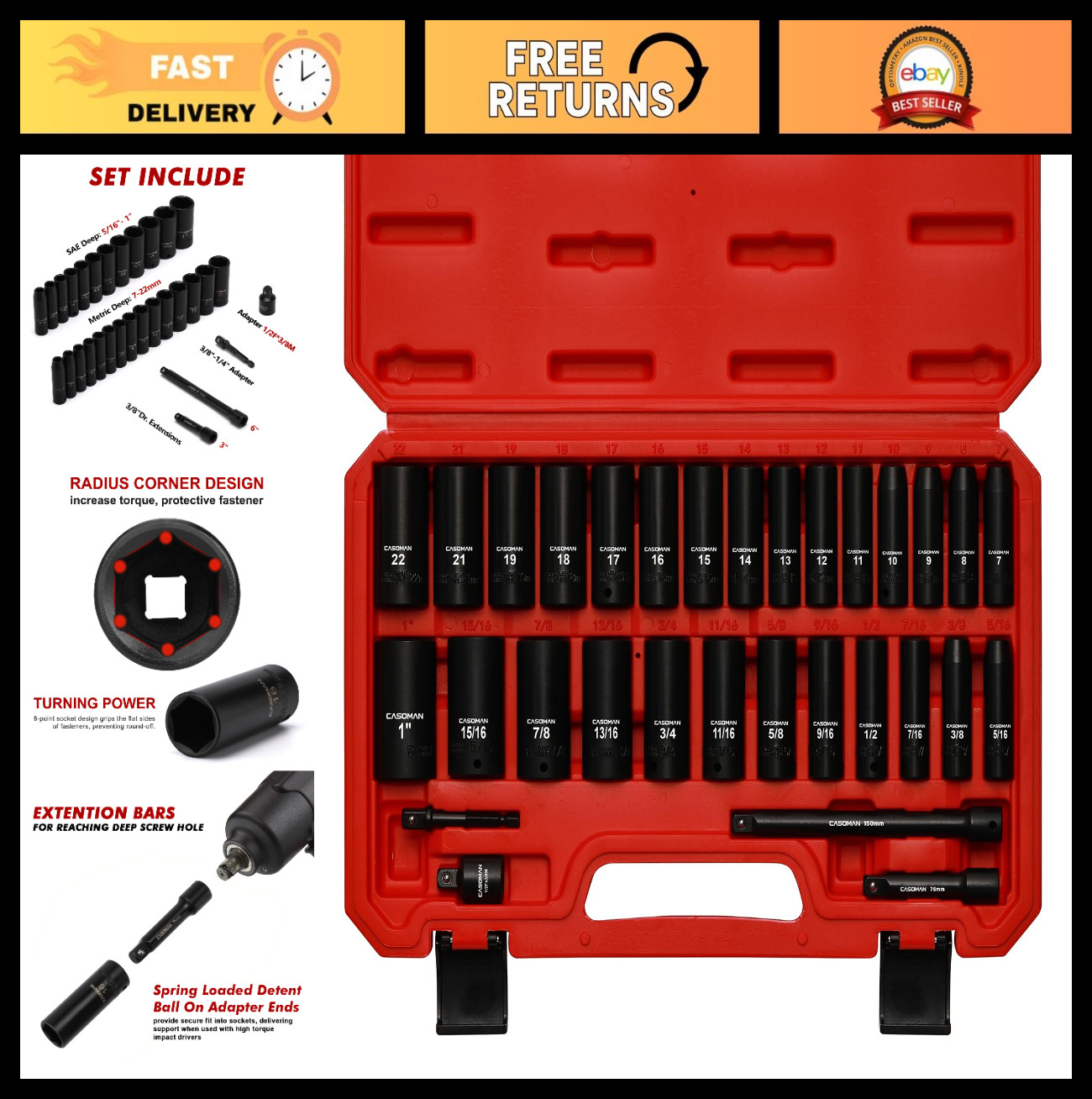 31-Piece Deep Impact Socket Set, Metric & SAE, CR-V, Includes Extension Bar & Ad