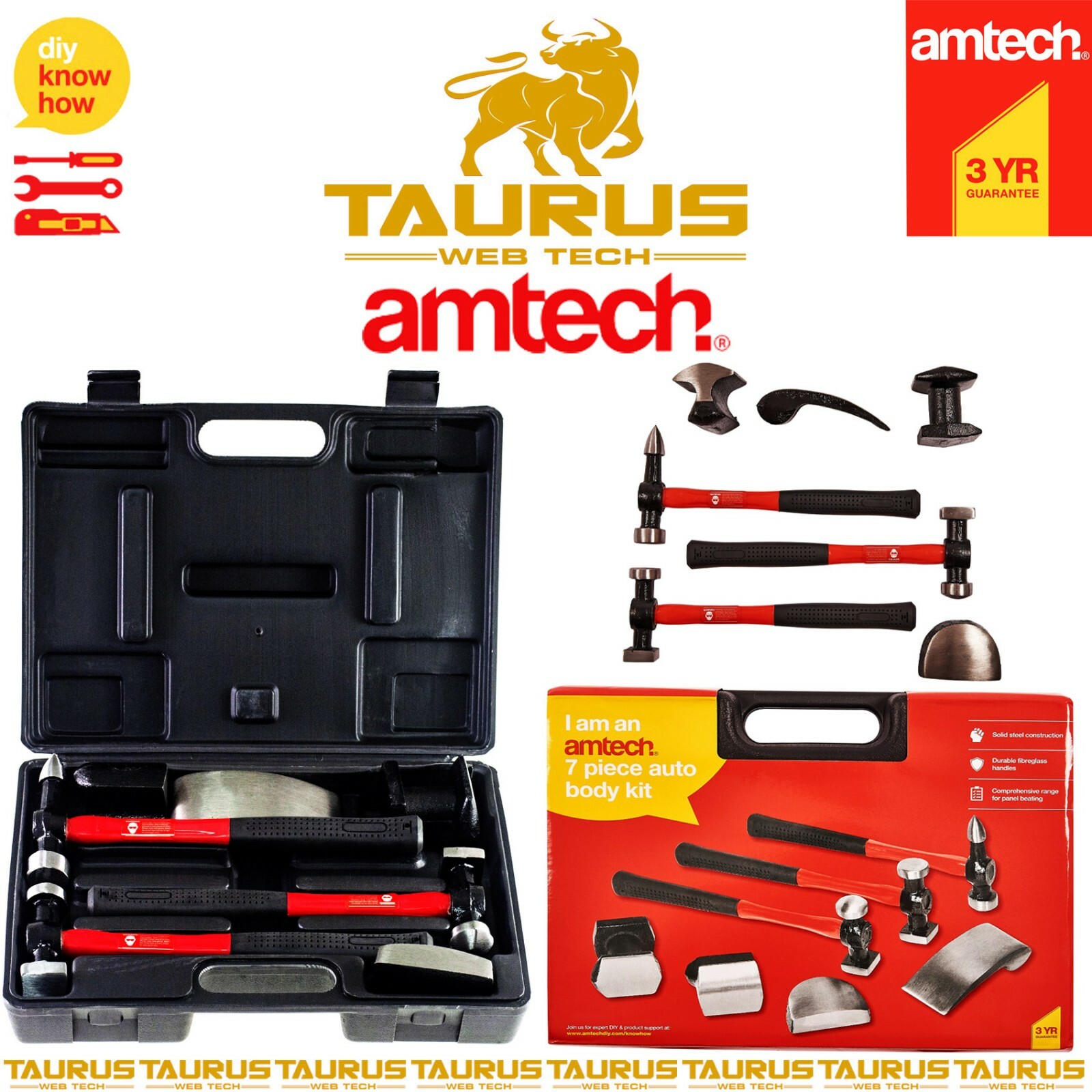 7x AMTECH Auto Body Dent Repair Kit Panel Beating Fibreglass Hammer Shrinking UK