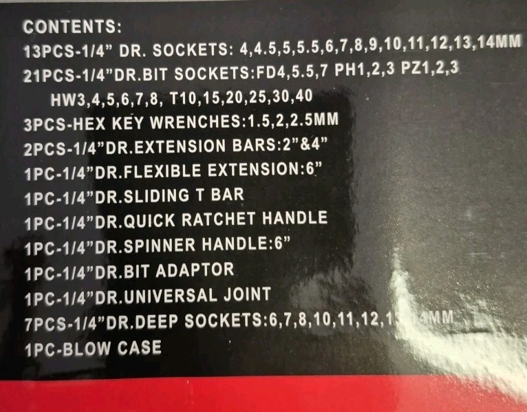 53 Pc 1/4″ Metric Socket Set With Ratchet, Driver And Screw Tips