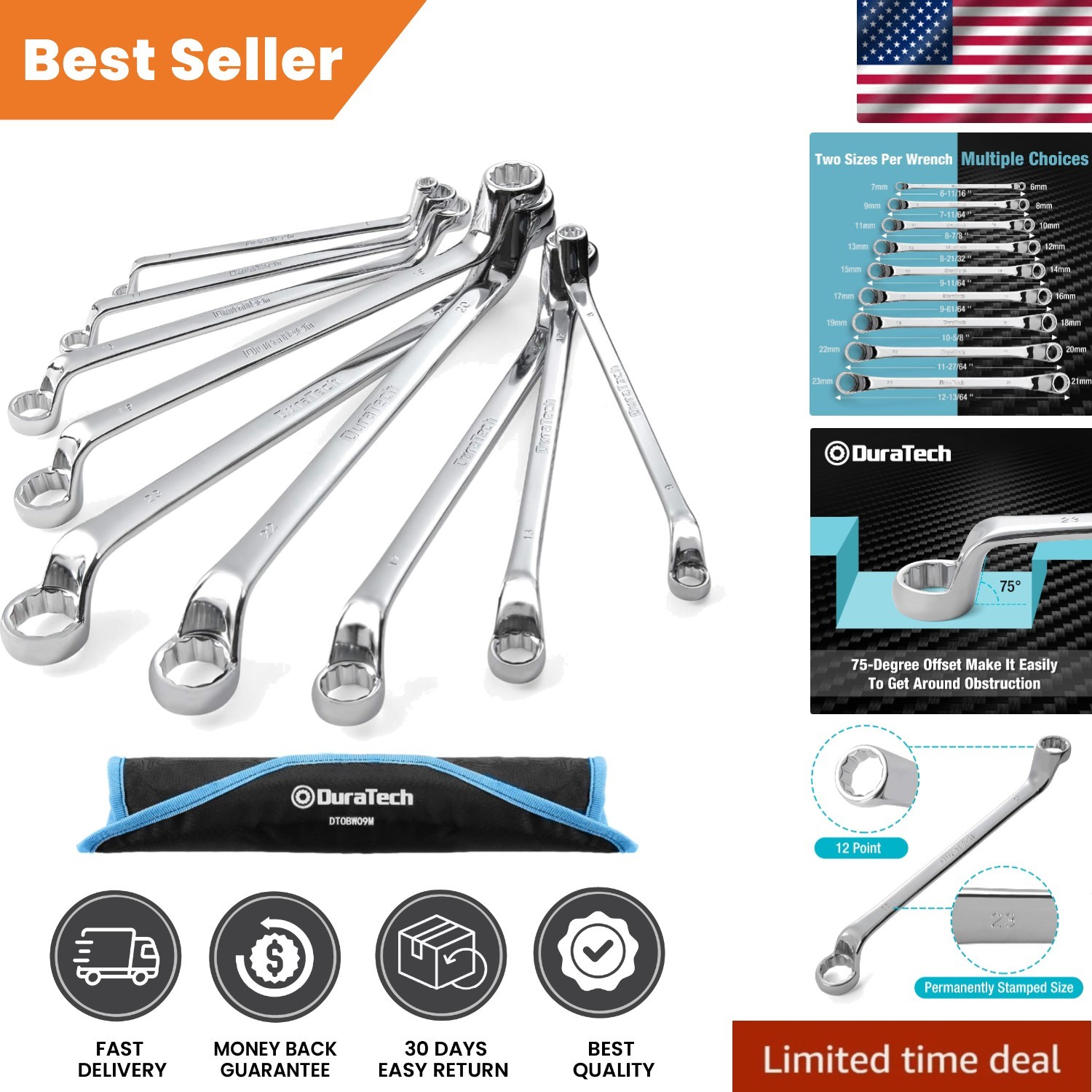 Professional Offset Box Wrench Set, 9-Piece Metric, 6-23mm, with Rolling Pouch