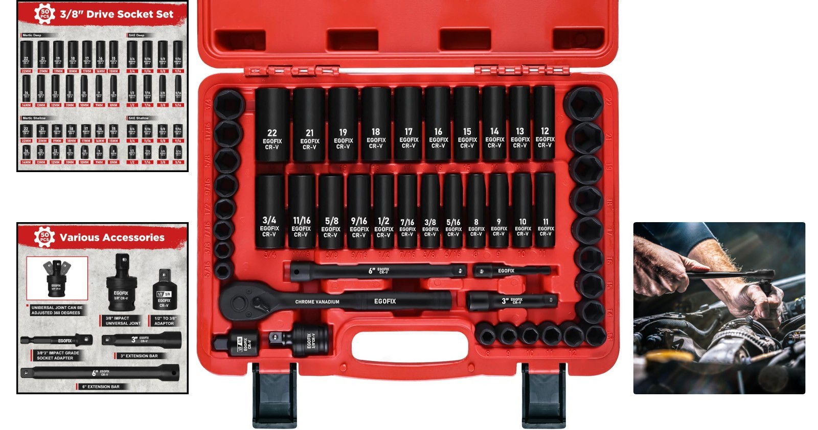 Complete 50-Piece Cr-V Steel Socket Set – 6-Point Design for Ultimate Grip