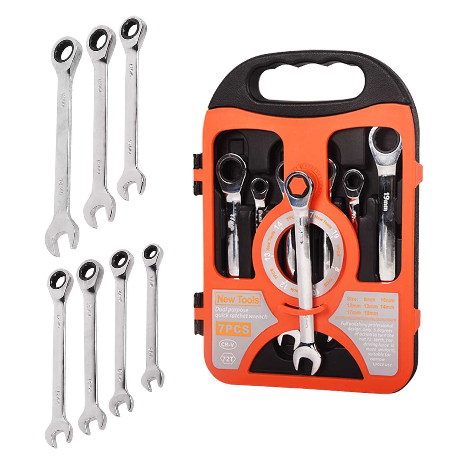 7PC Ratchet Combination Wrench Kit 8mm-19mm Chrome Vanadium Steel Fixed Spanners