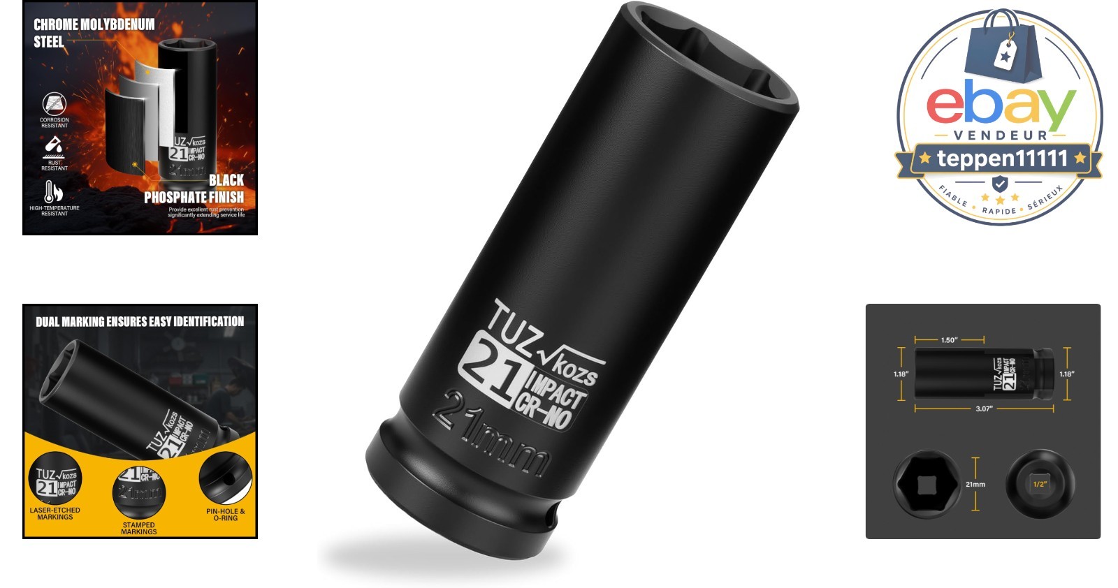 21mm Deep Impact Socket, 1/2 Inch Drive, 6 Point, CR-MO Steel