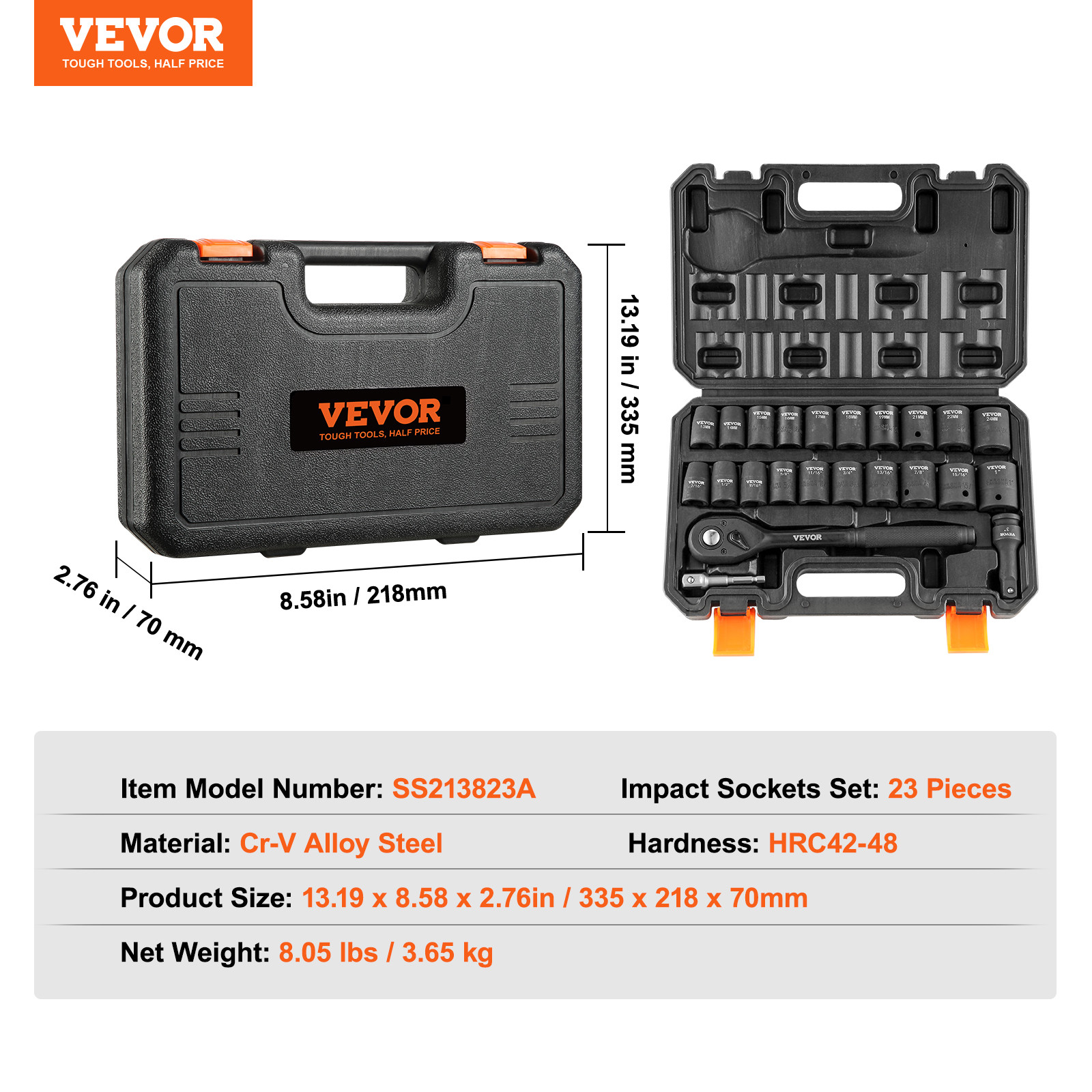 VEVOR Impact Sockets Set 23pcs 6-Point 1/2in Drive Bit Ratchet Tool Kit Case