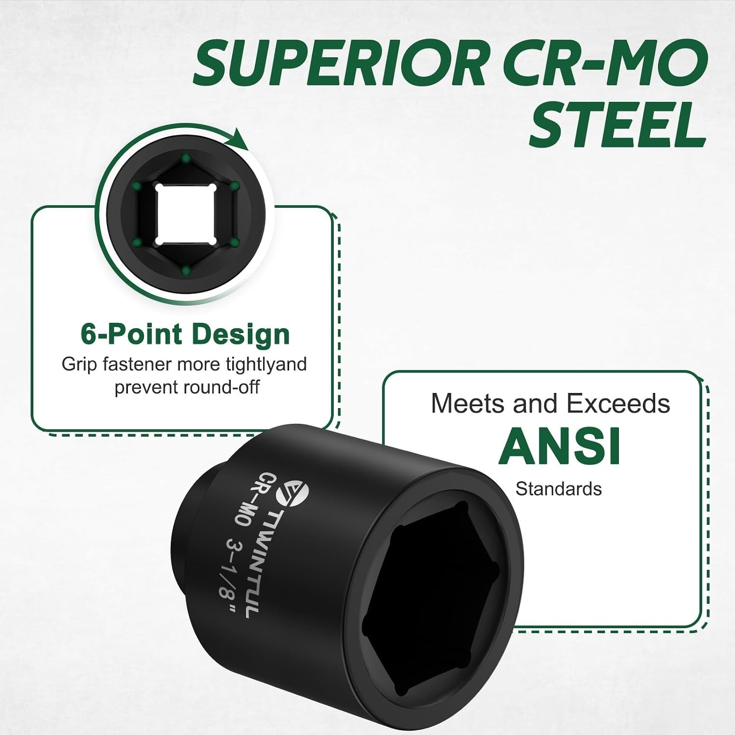 3-1/8″ Impact Socket 1″ Drive, Deep 6 Point CR-MO Heavy Duty Socket