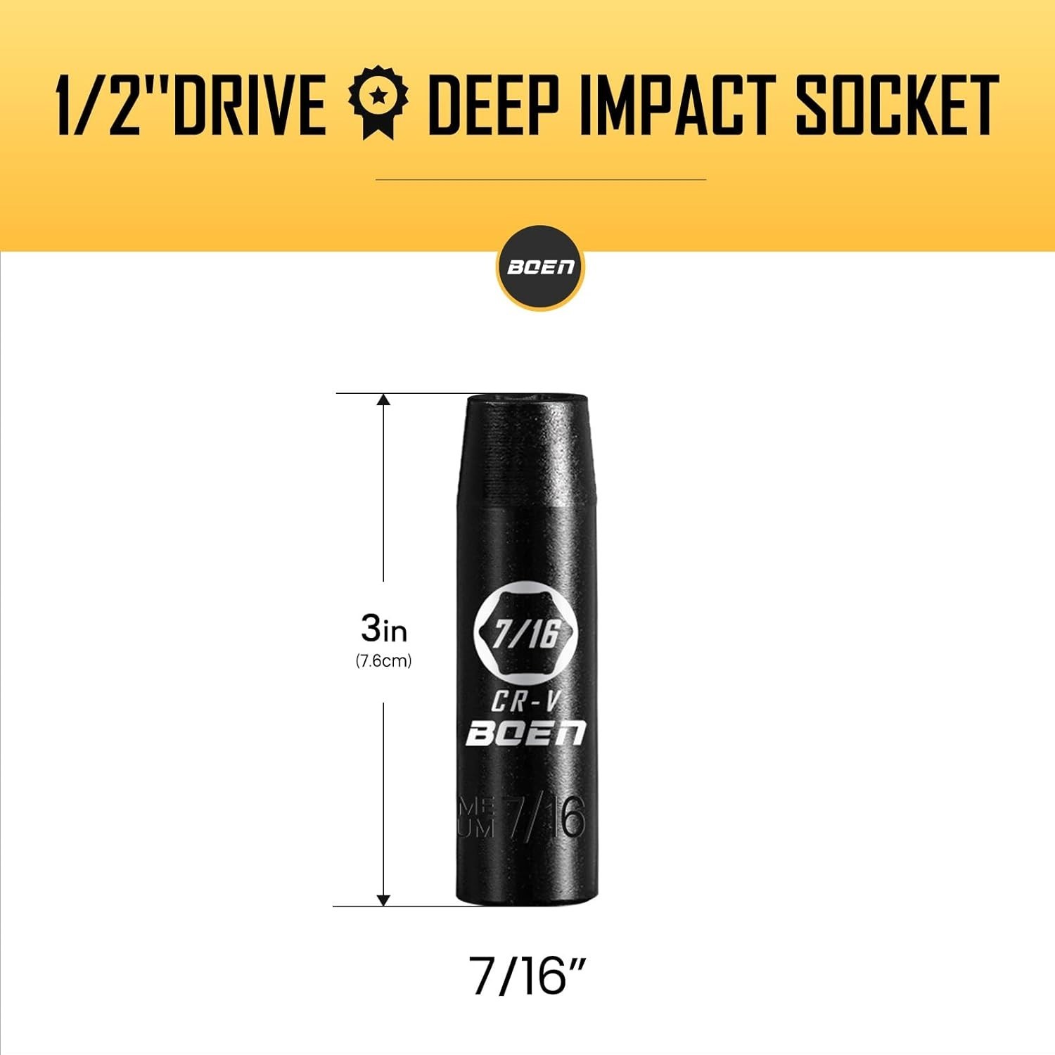 BOEN 1/2″ Drive Deep Impact Socket,7/16 Inch Premium Socket,SAE,6 Point,Cr-V Ste