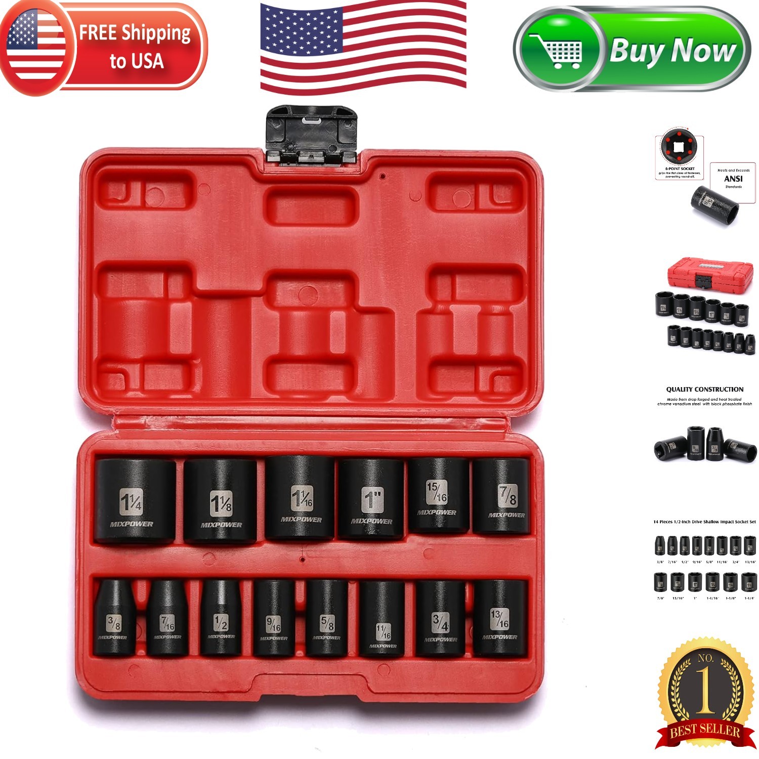Versatile 14-Piece 1/2-Inch Drive Impact Socket Collection – ANSI Approved Tools
