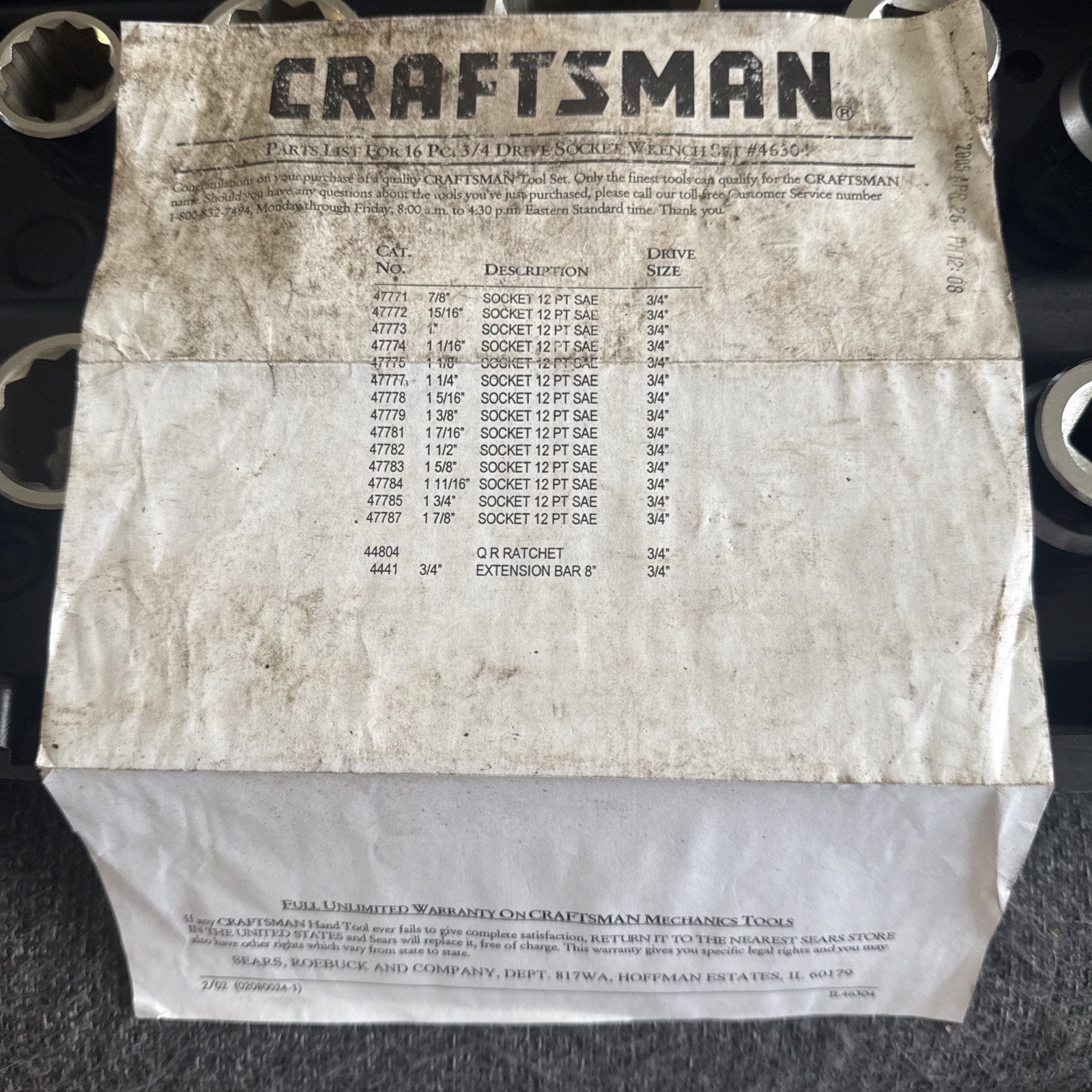 Craftsman 46304 – 17pc 3/4″ Dr. 12pt SAE Socket Set – + Bonus – MADE IN USA