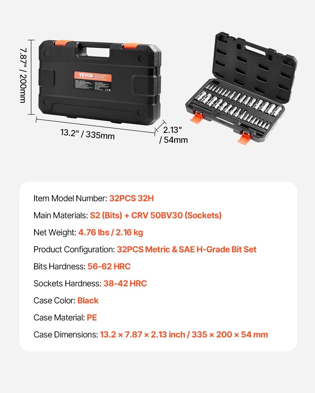 32-Piece Hex Bit Socket Set – S2 Alloy & Cr-V Steel, SAE/Metric, 1/4″, 3/8″, 1/2