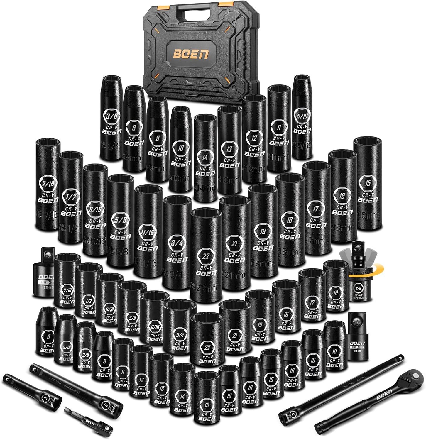 3/8″ Drive Impact Socket Set, 57-Piece Standard SAE (5/16 to 3/4 inch) and Metri