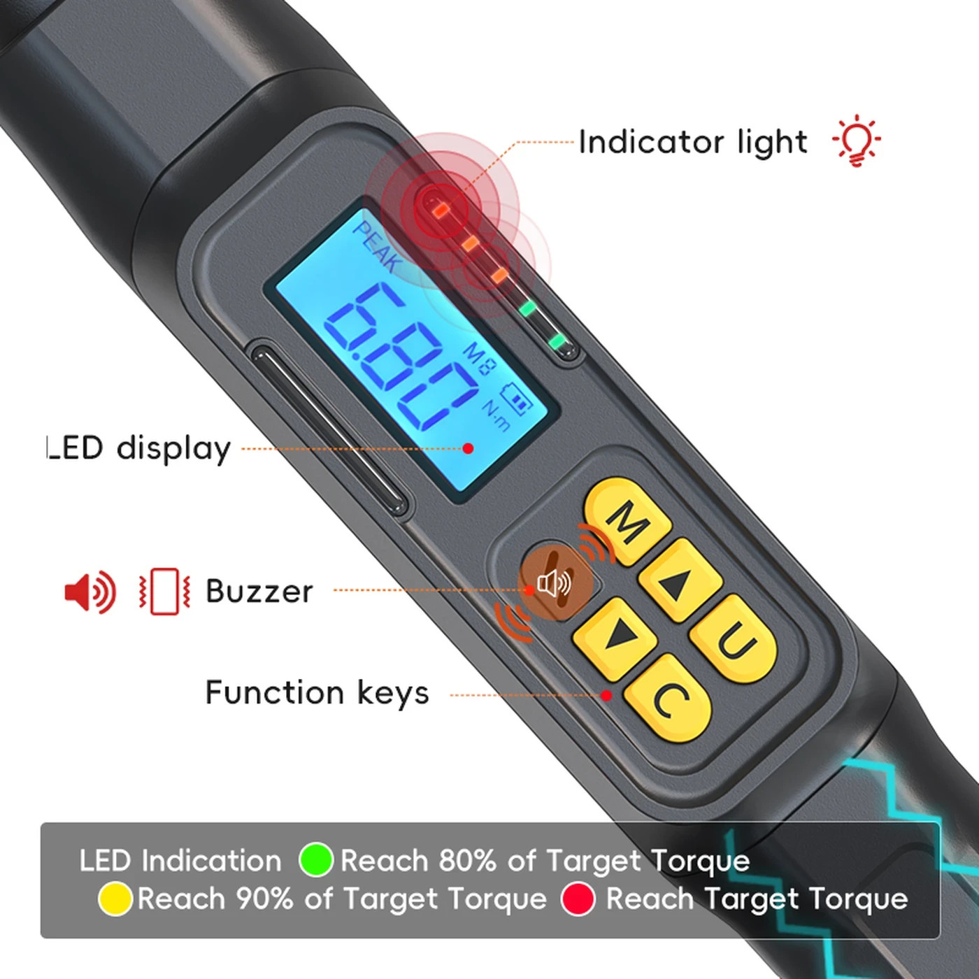 Professional Digital Torque Wrench 1/2″ Drive 6.8-135N.m ±2% High Accuracy LED