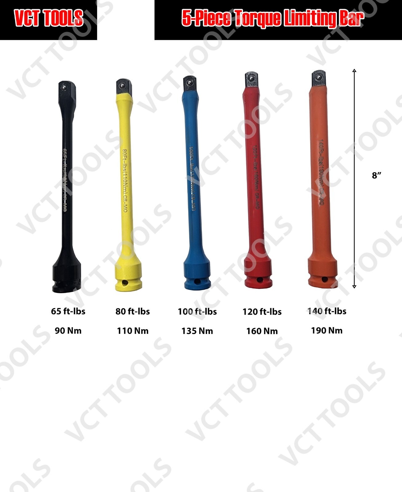 5 PC 1/2″ DR. TORQUE EXTENSION BAR STICK COLOR & LETTER