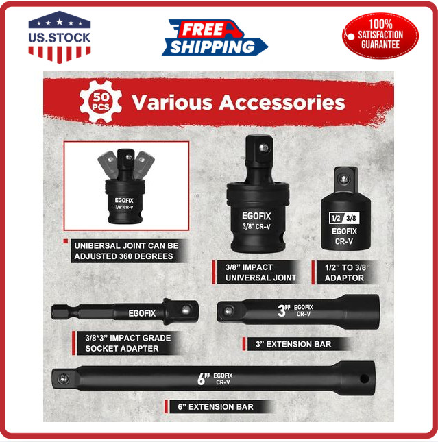 3/8 In. 50 Piece 6 Point Impact Socket Ratchet Drive and Metric Set