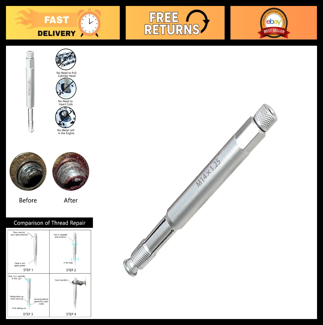 14mm Spark Plug Thread Repair Tool – M14x1.25 Back Tap for Thread Chasing, 5.27