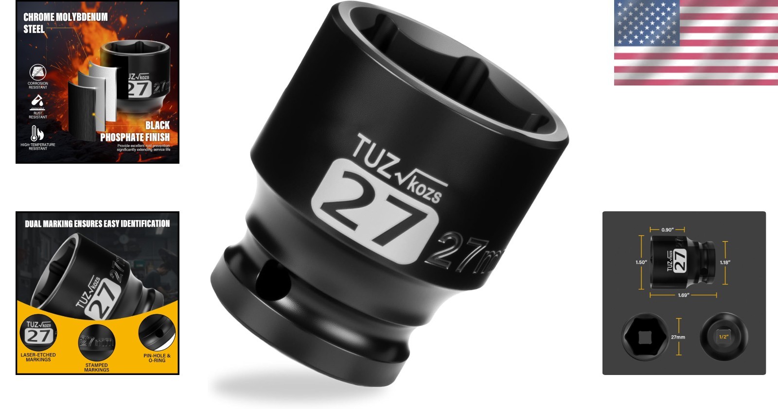 Durable 1/2 Inch Drive 27mm Shallow Impact Socket – Corrosion-Resistant Design